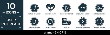 set di icone dell'interfaccia utente piene. contiene una freccia piatta curva verso l'alto con linea tratteggiata, cuore ecologico, pulsante di riproduzione del filmato, freccia ondulata, scricchiolo rotto li Illustrazione Vettoriale