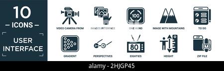set di icone per interfaccia utente piene. contiene una videocamera piatta dalla vista laterale, interfaccia immagini, un hund, immagine con montagne, da fare, gradiente, perspecti Illustrazione Vettoriale