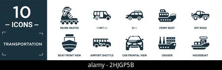 set di icone piene per il trasporto. contiene pattini in linea piatti, minibus, suv, traghetto, fuoristrada, vista frontale dell'imbarcazione, navetta aeroportuale, vista frontale dell'auto, cr Illustrazione Vettoriale