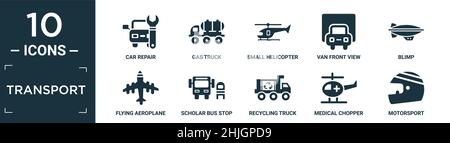 set di icone per il trasporto pieno. contiene riparazione di auto a piano, camion a gas, piccolo elicottero, vista frontale furgone, blimp, volo aereo vista dall'alto, fermata dell'autobus scolastico, r Illustrazione Vettoriale