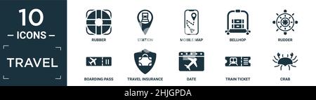 set di icone di viaggio piene. contengono gomma piatta, stazione, mappa mobile, facchinaggio, timone, carta d'imbarco, assicurazione di viaggio, data, biglietto del treno, icone granchio in Illustrazione Vettoriale