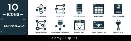set di icone della tecnologia a riempimento. contengono valore di colore piatto, selettore, server web, struttura a reticolo, persona utente, grafico sociale, sistema di gestione del database relazionale Illustrazione Vettoriale