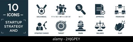 strategia di startup piena e set di icone. contengono medaglia d'oro piatta, gestione della strategia, tasso, approvazione, franchising, scelta della strategia, obiettivo, pedina, equilibrio, Illustrazione Vettoriale