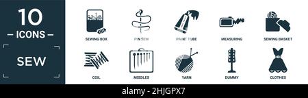 set di icone cucito pieno. contiene scatola da cucire piatta, cucire perno, tubo di vernice, misurazione, cestino da cucire, bobina, aghi, filo, manichino, abiti icone in modificabile per Illustrazione Vettoriale