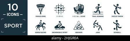 set di icone sportive piene. contiene parapendio piatto, go game, guanto da baseball, percorso, tiro del disco, corse di cavalli, sport di motoslitta, snooker, judo, Illustrazione Vettoriale