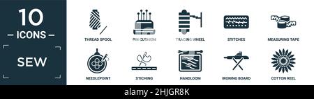 set di icone cucite piene. contiene bobina a filettatura piatta, cuscinetto perno, ruota tastatrice, punti, nastro di misurazione, ago point, stitching, telaio, asse da stiro, Illustrazione Vettoriale