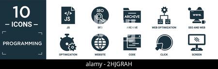 set di icone di programmazione riempito. contengono js piatto, seo, archivio, ottimizzazione web, seo e web, ottimizzazione, sito web, codice, clic, icone dello schermo in editabl Illustrazione Vettoriale