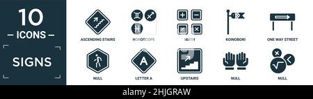 insegne piene set di icone. contengono scala ascendente piatta, oroscopo, matematica, koinobori, strada a senso unico, icone null, lettera a, piano superiore, null, null in editab Illustrazione Vettoriale