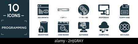 set di icone di programmazione riempito. contengono crescita seo piatta, ricerca, collegamento ipertestuale, reattivo, floppy disk, crittografia, revisione del codice, autorizzazione, elaborazione, seo c Illustrazione Vettoriale