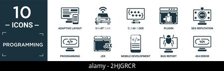 set di icone di programmazione pieno. contengono layout adattivo piatto, auto intelligente, codice pulito, plugin, reputazione seo, programmazione, jsx, sviluppo mobile, bug re Illustrazione Vettoriale