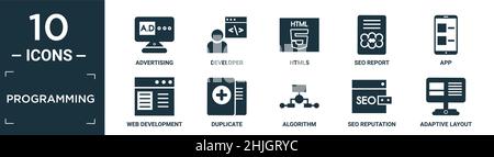 set di icone di programmazione pieno. contengono pubblicità piatta, sviluppatore, html5, rapporto seo, app, sviluppo web, duplicato, algoritmo, seo reputazione, adattare Illustrazione Vettoriale