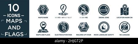 set di icone di mappe piene e bandiere. contiene cartine piatte, hairstylist donne, sci no, zona fumo, contrassegno di posizione sulla mappa stampata, mappe e bandiere, elettr Illustrazione Vettoriale