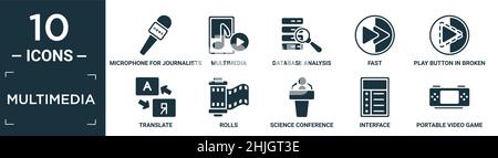 set di icone multimediali piene. contengono microfono piatto per giornalisti, multimedia, analisi di database, veloce, pulsante di riproduzione in linea tratteggiata, tradurre, rotoli Illustrazione Vettoriale