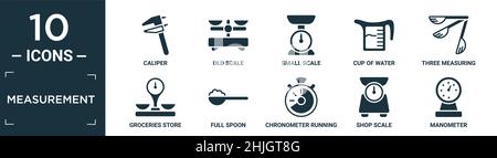 set di icone di misurazione riempite. contiene calibro piatto, scala vecchia, scala piccola, tazza di acqua, tre cucchiai di misurazione, bilancia da magazzino per generi alimentari, cucchiaio pieno, ch Illustrazione Vettoriale