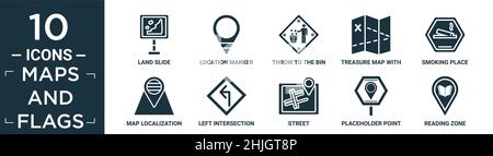 set di icone di mappe piene e bandiere. contiene slide di terra piatta, indicatore di posizione, tiro al bidone, mappa del tesoro con x, luogo di fumo, localizzazione mappa, a sinistra Illustrazione Vettoriale