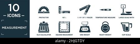 set di icone di misurazione piene. contiene protattore piatto, null, righello carpentiere, misura di temperatura, grande scala con valigia, vecchia calcolatrice, mea quadrata Illustrazione Vettoriale