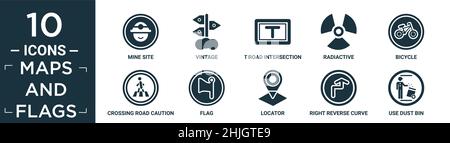 mappe piene e bandiere icone set. contengono sito di miniera piatto, vintage, t strada intersezione, radiactive, bicicletta, attenzione all'attraversamento della strada, bandiera, indicatore di posizione, destra Illustrazione Vettoriale