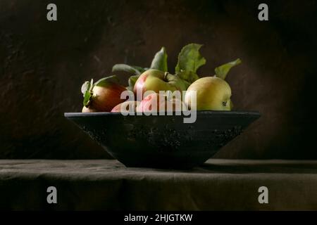 Mele verdi rosse da giardinaggio biologiche mature con foglie Foto Stock