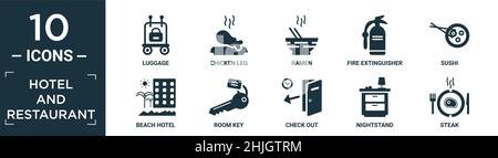 set completo di icone per hotel e ristoranti. contiene bagagli piatti, cosce di pollo, ramen, estintore, sushi, hotel sulla spiaggia, chiave della camera, check out, comodino Illustrazione Vettoriale