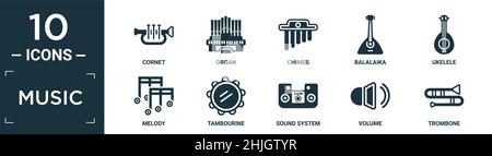 set di icone di musica piena. contengono cornetto piatto, organo, chimes, balalaika, ukelele, melodia, tamburello, sistema audio, volume, icone trombone in fo modificabile Illustrazione Vettoriale