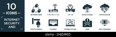 protezione internet e set di icone pieni. contengono cubi di rete flat, router wireless, router, archiviazione cloud, virtualizzazione, ruota la fotocamera, ethernet, in Illustrazione Vettoriale