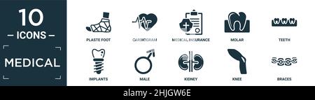 set di icone mediche piene. contengono piede plasta piatto, cardiogramma, assicurazione medica, molari, denti, impianti, maschio, rene, ginocchio, bretelle icone in modificabile Illustrazione Vettoriale