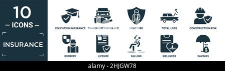set di icone di assicurazione riempito. contengono assicurazione di formazione piatta, assicurazione di trasporto, frattura, perdita totale, rischio di costruzione, rapina, licenza, caduta, Illustrazione Vettoriale