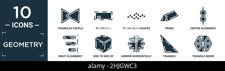 set di icone geometriche riempite. contiene coppie triangoli piatte, rettangolo, forme triangolari che formano onde, prisma, allineamento centrale, allineamento destro, lato a. Illustrazione Vettoriale