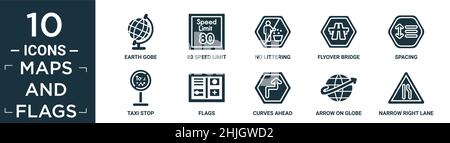 mappe piene e bandiere set di icone. contengono gobe terra piatta, 80 limite di velocità, senza littering, flyover ponte, spaziatura, fermata taxi, bandiere, curve avanti, freccia Illustrazione Vettoriale