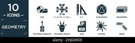 set di icone di geometria riempita. contengono disco piatto, mulino a vento poligonale, linea, icosaedro, esaedro, chitarra poligonale triangoli, giraffa poligonale, save, e. Illustrazione Vettoriale