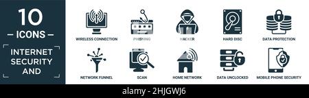 protezione internet completa e set di icone. contengono connessione wireless piatta, phishing, hacker, disco rigido, protezione dei dati, imbuto di rete, scansione, rete domestica Illustrazione Vettoriale