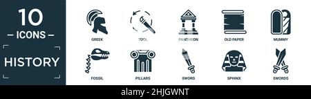 set di icone di storia piena. contengono greco piatto, strumento, pantheon, carta vecchia, mummia, icone fossili, pilastri, spada, sfinge, spade in formato modificabile. Illustrazione Vettoriale
