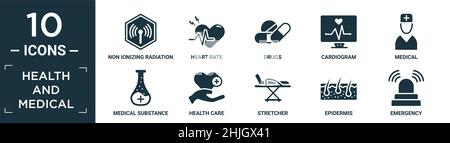 set di icone sanitarie e mediche piene. contengono radiazioni piatte non ionizzanti, frequenza cardiaca, farmaci, cardiogramma, medico, sostanza medica, assistenza sanitaria, stret Illustrazione Vettoriale