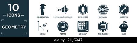 insieme di icone di geometria riempita. contengono costruzione piatta, forma poligonale del pesce di piccoli triangoli, ottaedro, ottagono, diametro, angolo, ruota, non raggruppa, r Illustrazione Vettoriale