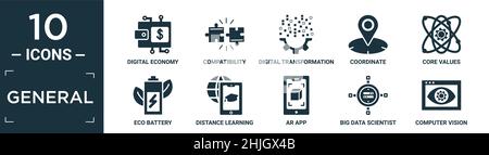 set di icone generali riempito. contengono economia digitale piatta, compatibilità, trasformazione digitale, coordinate, valori di base, batteria eco, apprendimento a distanza, Illustrazione Vettoriale