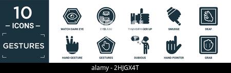 set di icone con gesti pieni. contiene un orologio piatto con occhi scuri, ciglia, pollice su, sbavature, sordomuti, gesto della mano, gesti, dubbio, puntatore della mano, afferrare ico Illustrazione Vettoriale