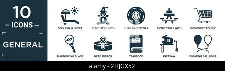 set di icone generali pieno. contiene sedia piatto sotto il sole, orsacchiotto con cappello da sonno, assicurazione con un pulsante, tavolo da picnic con cestino, shopping Illustrazione Vettoriale