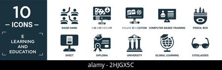 set di icone di e-learning e di istruzione pieni. contengono mano di sollevamento piatta, biblioteca online, formazione online, formazione basata su computer, scatola a matita, foglio, diplo Illustrazione Vettoriale