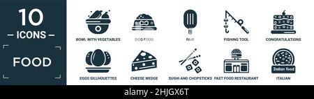 set di icone di cibo riempito. contiene piatto ciotola con verdure, cibo per cani, fiera, strumento di pesca, congratulazioni, uova sillhouette, cuneo di formaggio, sushi e cho Illustrazione Vettoriale