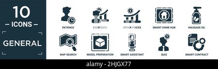 set di icone generali riempito. contengono pazienza piatta, dati utente, prezzi delle scorte, hub per la casa intelligente, olio da massaggio, ricerca mappa, preparazione modello, assistente intelligente, Illustrazione Vettoriale