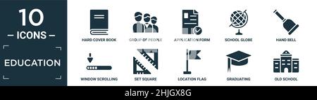 set di icone per l'istruzione riempito. contiene un libro di copertina rigido piatto, gruppo di persone, modulo di domanda, mondo scolastico, campana a mano, scorrimento finestra a sinistra, impostare il quadrato Illustrazione Vettoriale