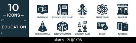 set di icone di istruzione riempito. contiene libro muto piatto, variante libro hardbound, calvo, teoria atomica, negozio di libri, cono geometrico, blocco con lettere, univ Illustrazione Vettoriale