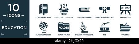 set di icone per l'istruzione riempito. contiene un libro chiuso piatto con marcatore, curvatura dello spazio-tempo, libro in carta rigida, diploma di laurea, classe matematica, mondo classe, Illustrazione Vettoriale