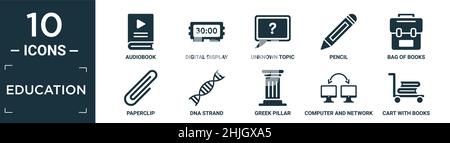 set di icone per l'istruzione riempito. contiene audiolibro piatto, display digitale 30, argomento sconosciuto, matita, borsa di libri, graffetta, filamento di dna, pilastro greco, compu Illustrazione Vettoriale