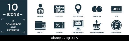 set di icone di e-commerce e pagamento riempito. contiene broker piatto, unionpay, puntatore mappa, maestro, jcb, portafoglio, coupon, ordine online, shopping online, svizzera Illustrazione Vettoriale