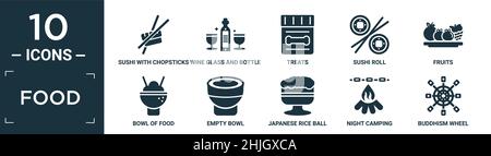 set di icone di cibo pieno. contiene sushi piatto con bacchette dal giappone, bicchiere di vino e bottiglia, dolci, sushi roll, frutta, ciotola di cibo, recipiente vuoto, japa Illustrazione Vettoriale