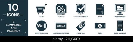 e-commerce riempito e il set di icone di pagamento. contengono carrello piatto, percento, scudo di garanzia, fatture, pagamento web, western union, american express, prezzo, c Illustrazione Vettoriale