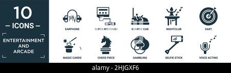 set completo di icone per giochi e videogiochi. contiene auricolari piatti, super nintendo, autoscontro, nightclub, freccetta, carte magiche, pezzo di scacchi, gioco d'azzardo, se stessi Illustrazione Vettoriale