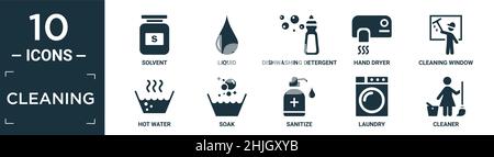 set di icone di pulizia riempite. contiene solvente piatto, liquido, detergente per lavastoviglie, asciuga mani, finestra di pulizia, acqua calda, bagnaria, igienizzare, lavanderia, pulizia Illustrazione Vettoriale