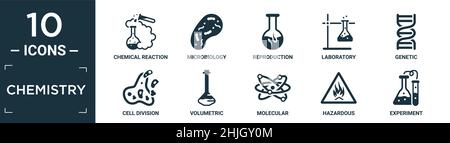 set di icone per chimica riempita. contengono reazioni chimiche piatte, microbiologia, riproduzione, laboratorio, genetico, divisione cellulare, volumetrica, molecolare, haza Illustrazione Vettoriale